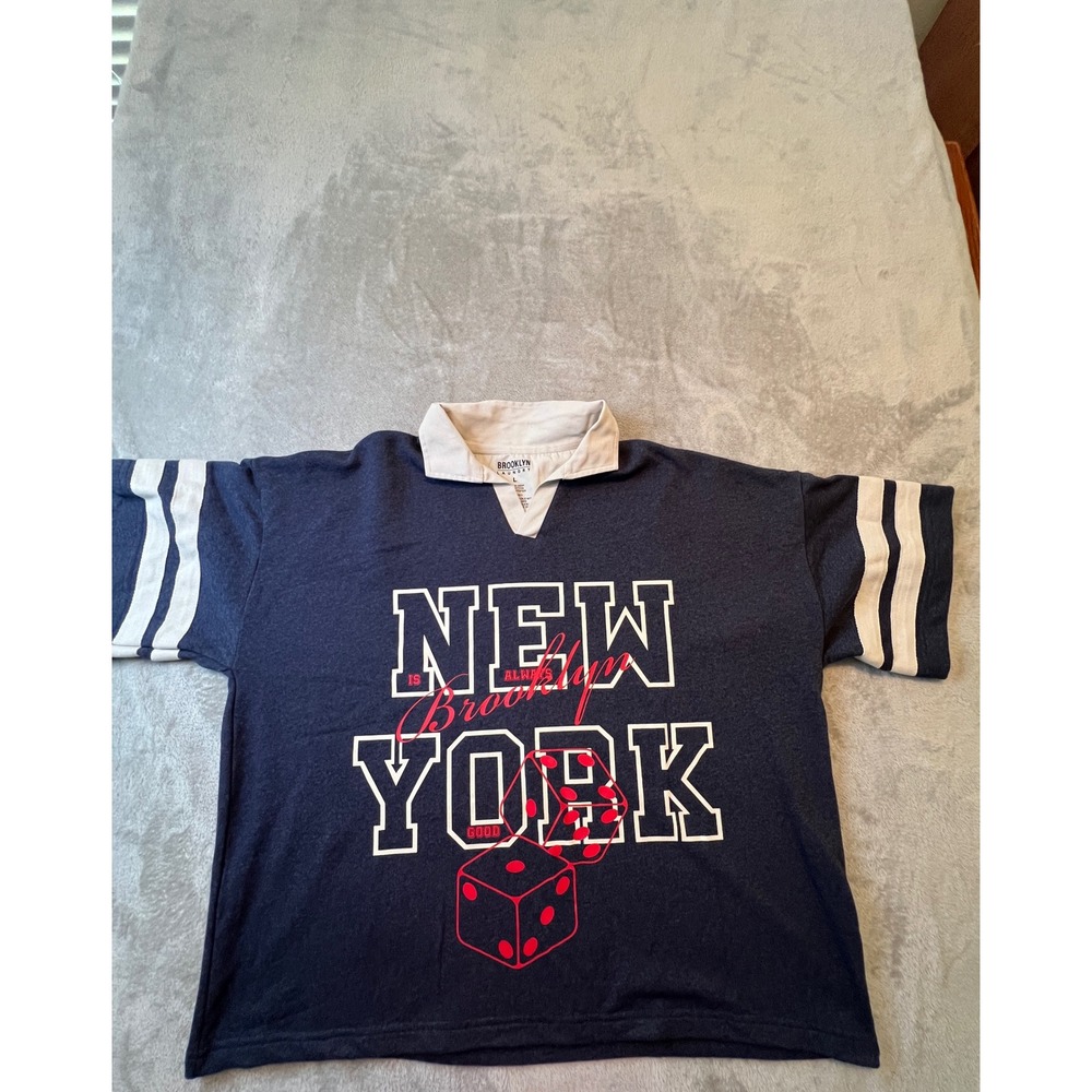 Brooklyn Laundry Rugby Shirt Mens Large Navy Blue New York Dice Graphic